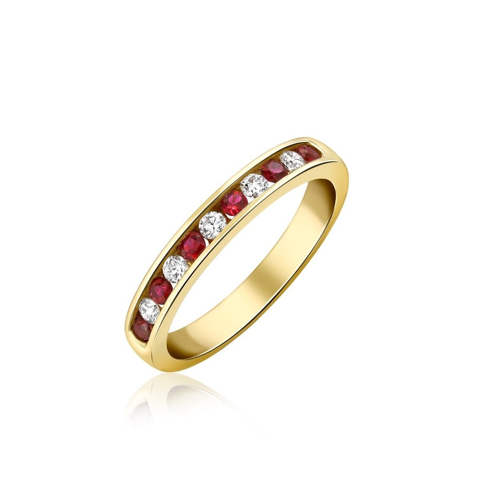 18ct Yellow Gold Diamond & Ruby Channel Set Half Eternity Ring