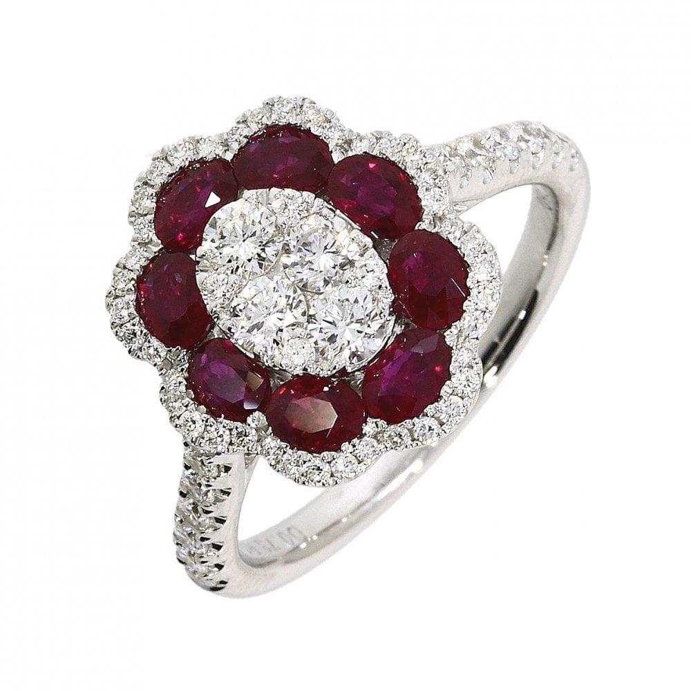 18ct White Gold Ladies Diamond and Ruby Cluster Ring