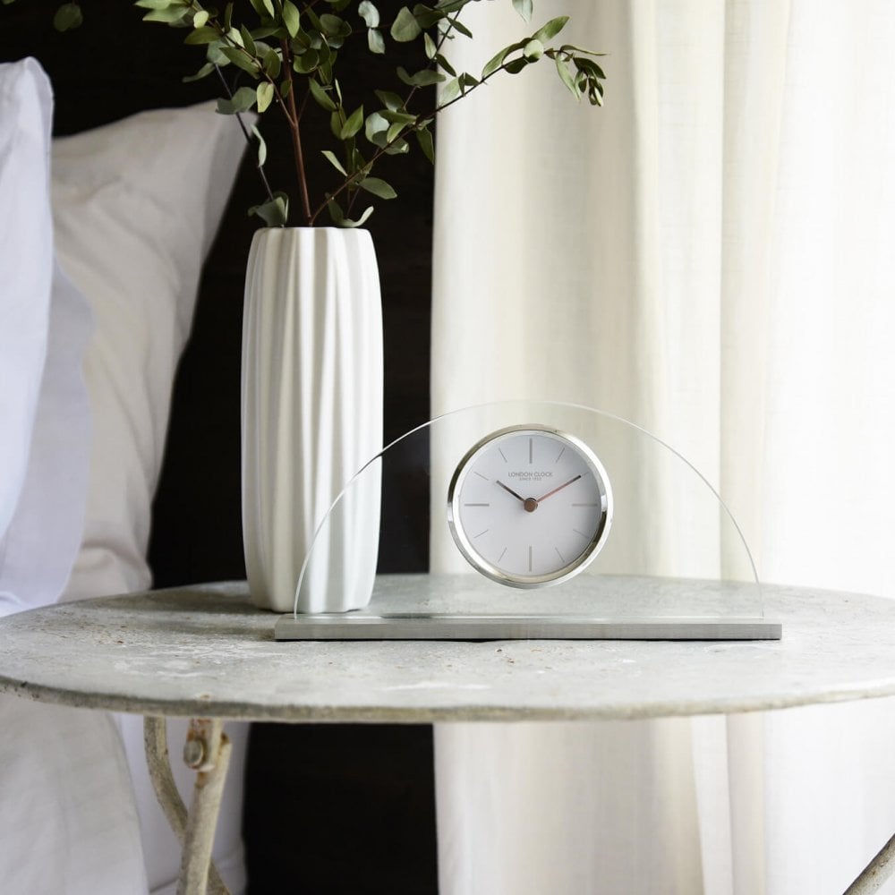 Silver Finish Base & Glass Half Moon Battery Mantel Clock 03133