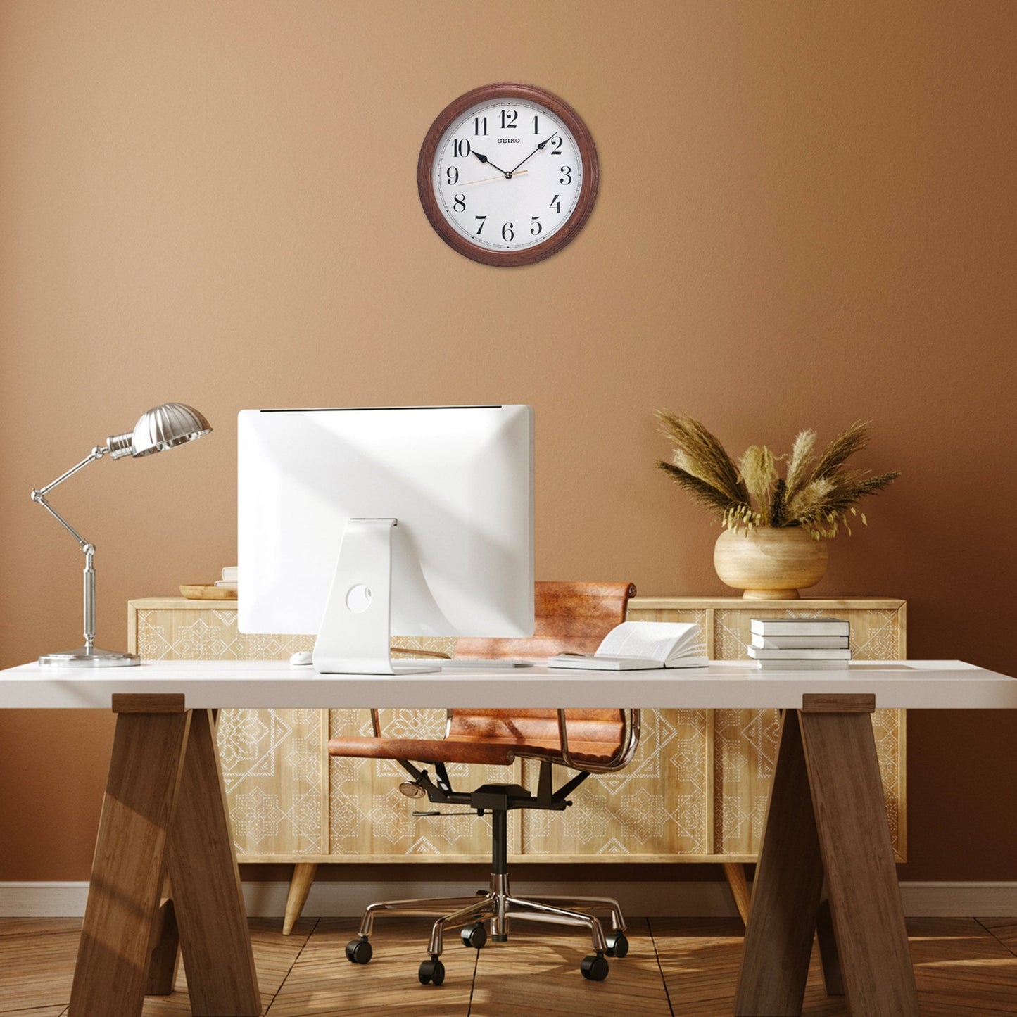Wooden Oak Round Seiko Quartz Wall Clock 31cm QXA153B