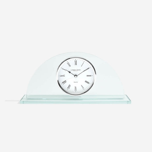 Glass Half Moon Quartz Battery Mantel Clock Clear Face 03122