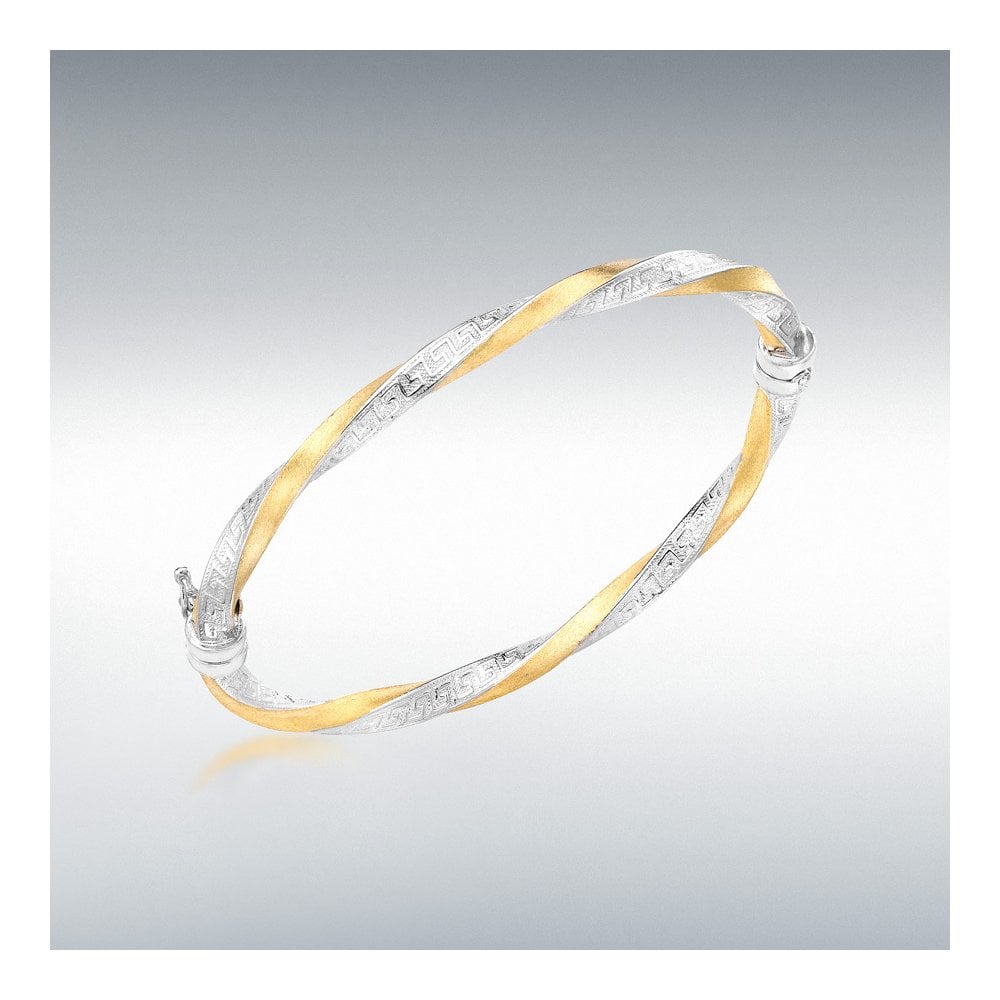 9ct Yellow & White Gold Ladies 4mm Greek Key Satin Twist Bangle