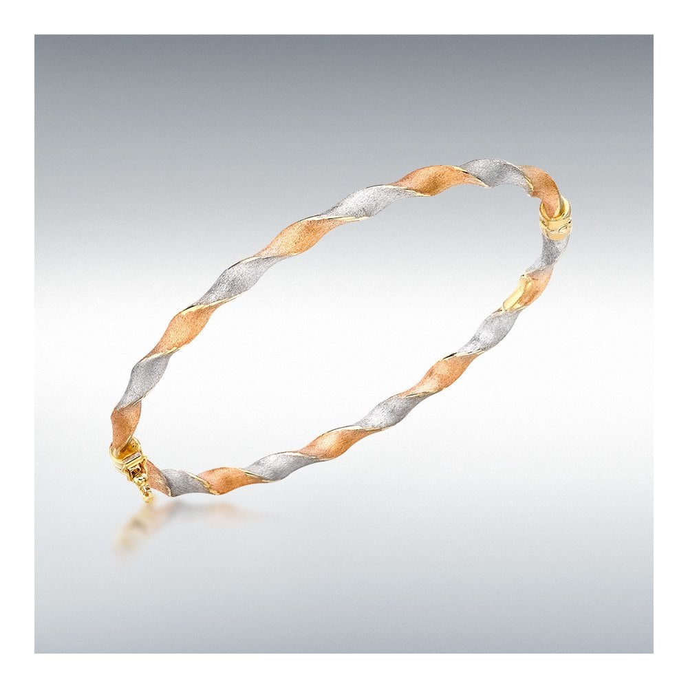 Ladies 9ct 3 Colour Gold 4mm Wide Satin Finish Twist Bangle