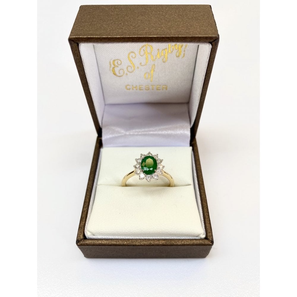 Ladies 18ct Yellow Gold Emerald and Diamond Cluster Ring
