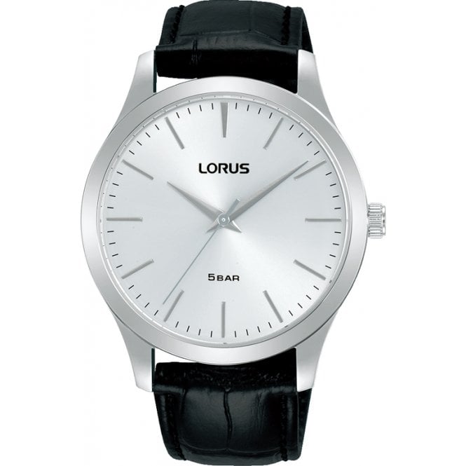 Gents Lorus Quartz Steel Watch on Black Leather Strap RRX73HX9