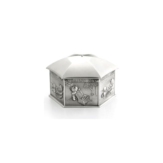 Childs Rainy Day Pewter Coin Box in Wooden Gift Box 0E0634