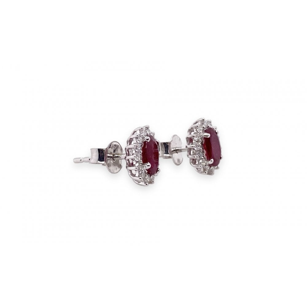18ct White Gold Ladies Ruby and Diamond Cluster Stud Earrings