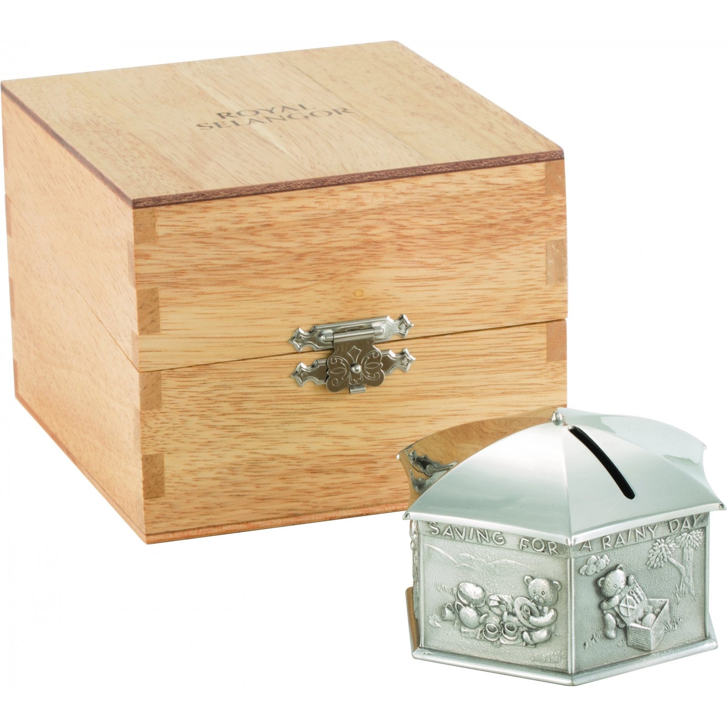 Childs Rainy Day Pewter Coin Box in Wooden Gift Box 0E0634