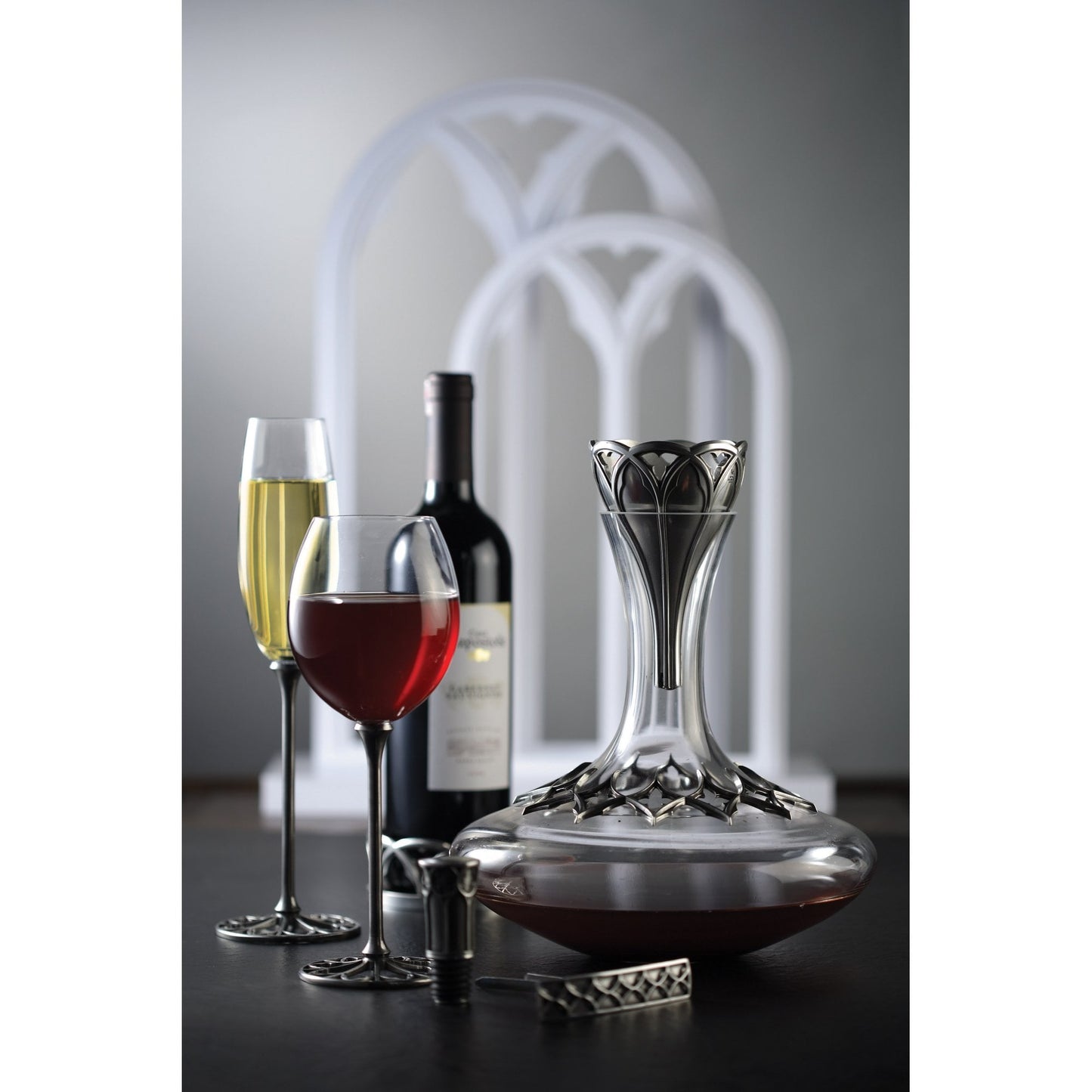 Glass and Pewter Decanter Tracery 014189A
