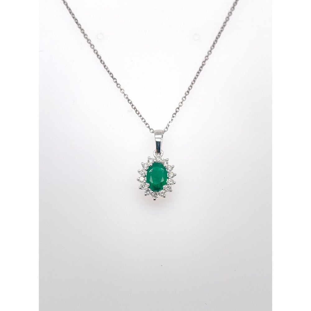18ct White Gold Ladies Emerals and Diamond Cluster Pendant
