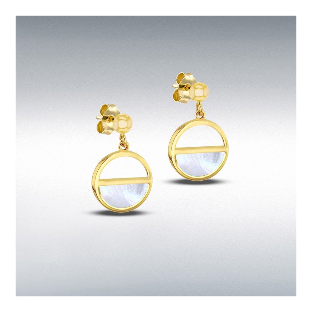 9ct Yellow Gold Circular Mother Of Pearl Drop Earrings