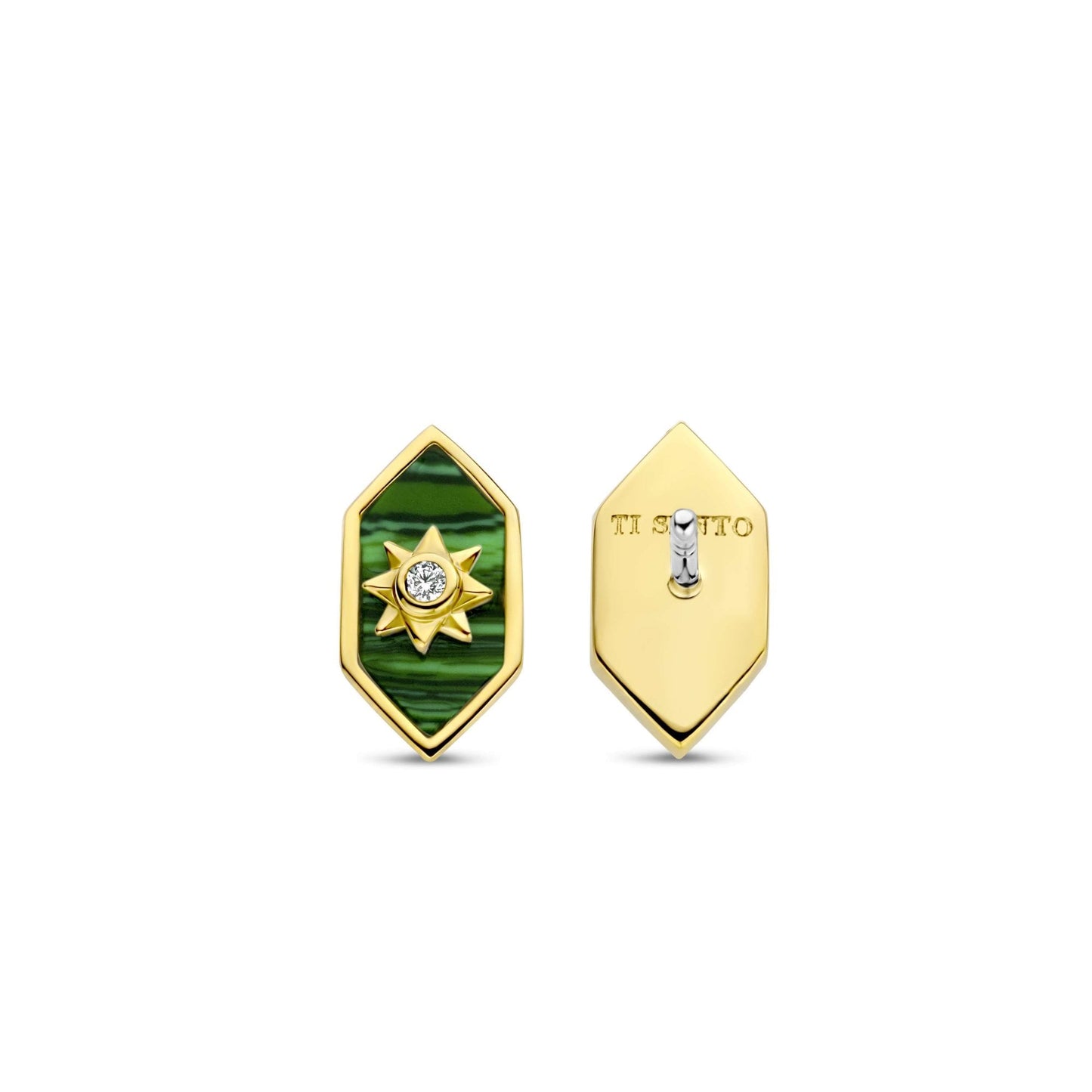 Sterling Silver Gold Finish Malachite CZ Stud Earrings 7943MA