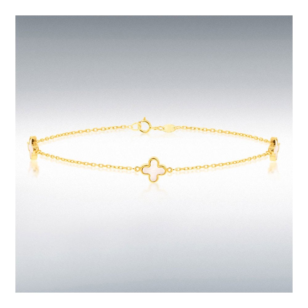 9ct Yellow Gold Mother Of Pearl Clover Petal Bracelet 19cm