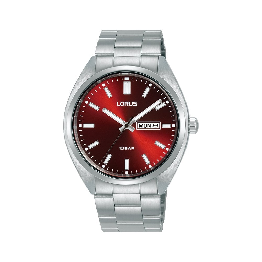 Gents Quartz Stainless Steel Watch, Red Dial & Date RH369AX9