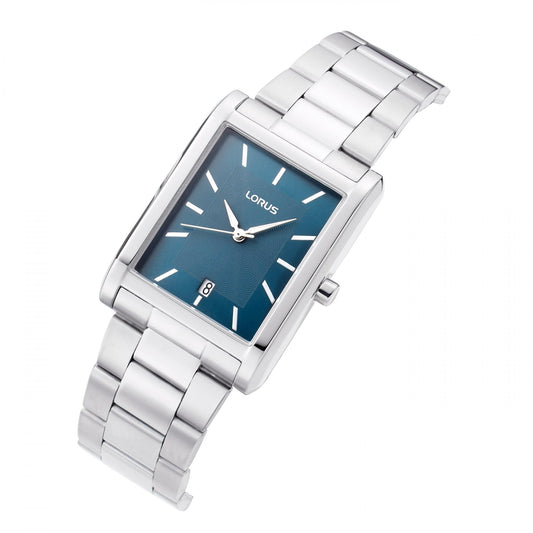 Gents Quartz Rectangular Steel Watch Blue Dial & Date RH935RX9
