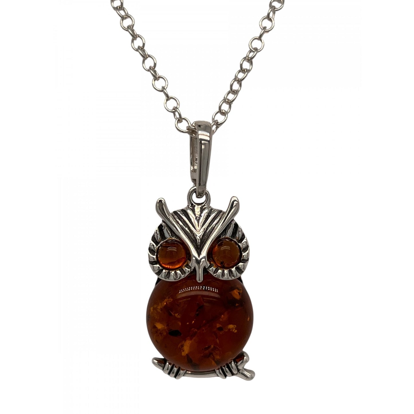 Ladies Sterling Silver Amber Owl Pendant