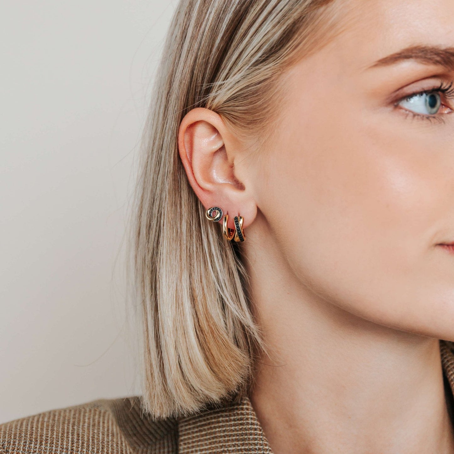 Ladies Gold on Silver Black Cubic Zirconia Stud Earrings 7784BY