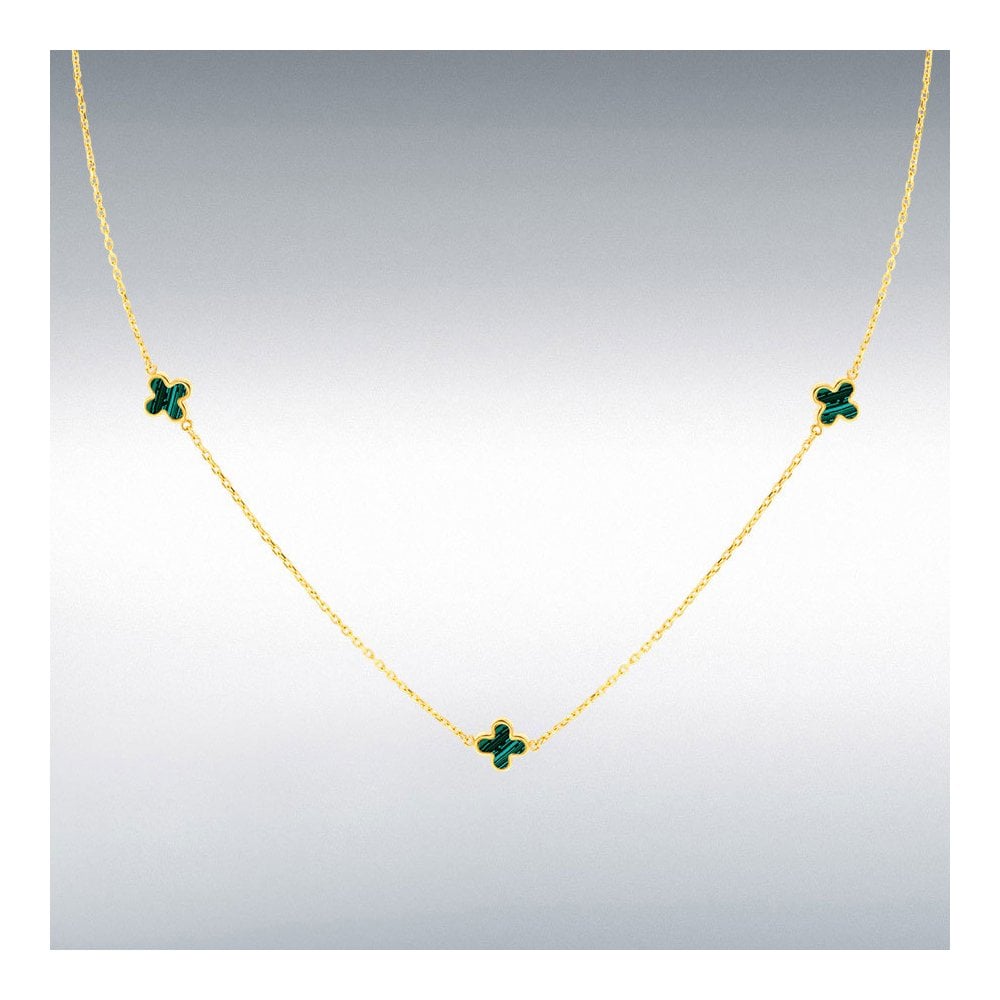 9ct Yellow Gold Malachite Clover Petals Necklace 41-43cm