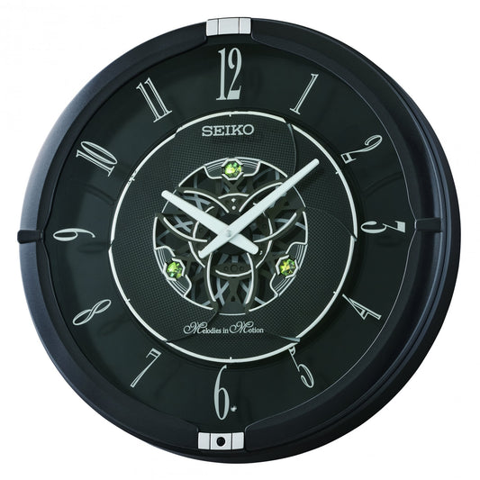 QXM621K Seiko Melodies in Motion Black Quartz Battery Wall Clock with Night Silent and Volume Control