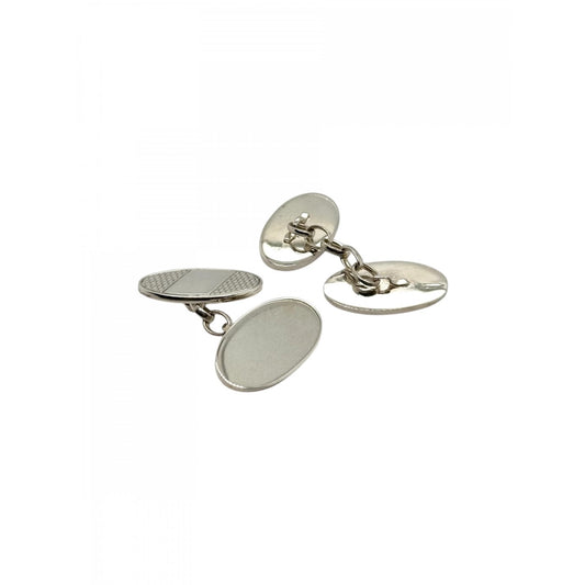 Sterling Silver Gents Half Engine Turned Cufflinks with Chain.