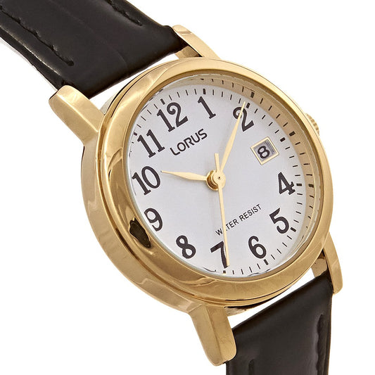 Lorus Gold Tone Ladies Battery Watch on Black Leather Strap with Date RH764AX5 Side