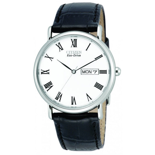 Gents Stainless Steel Eco-Drive Watch, Leather Strap BM8240-11A