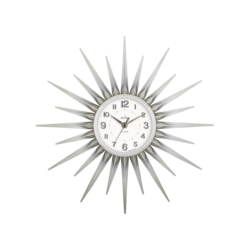 Silver Finish Starburst Quartz Battery Wall Clock 21767