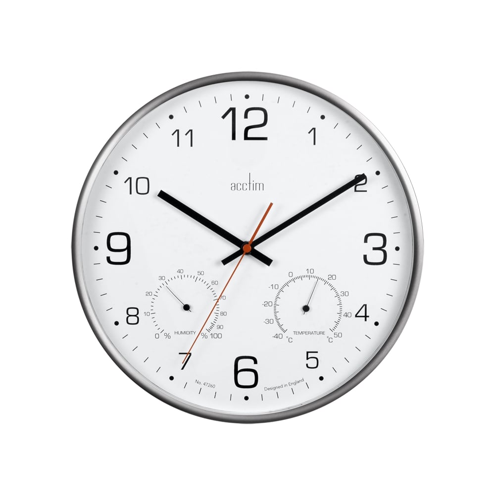 Silver Finish Round Wall Clock with Temperature & Humidity 29147