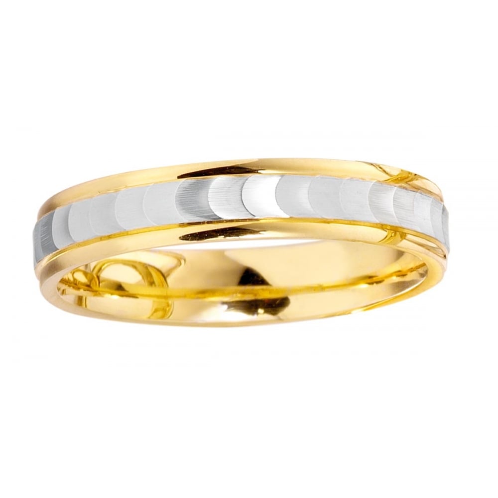 9ct Yellow & White Wedding Ring 4mm Wide, Flat Court Profile