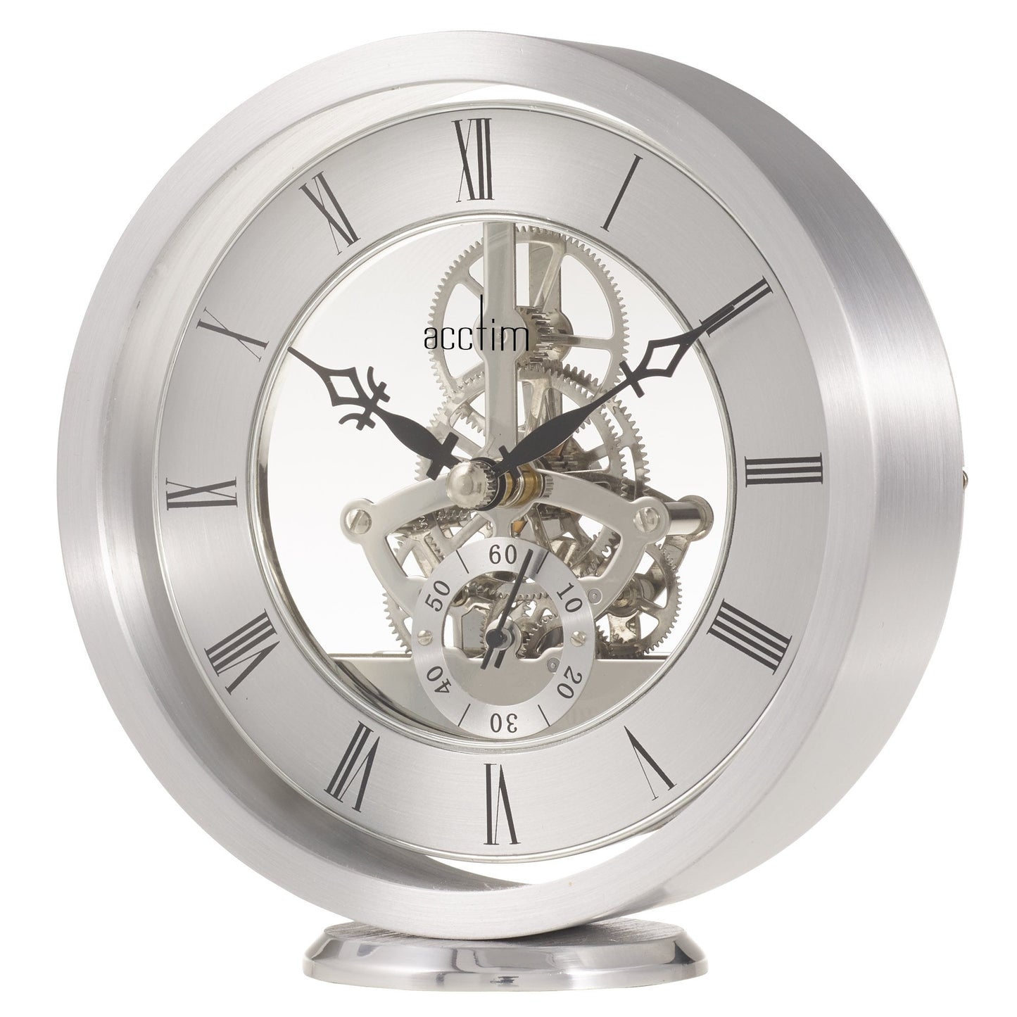 Silver Finish Round Skeleton Quartz Mantle Clock Millendon 37027
