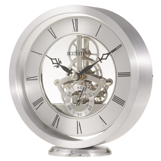 Silver Finish Round Skeleton Quartz Mantle Clock Millendon 37027