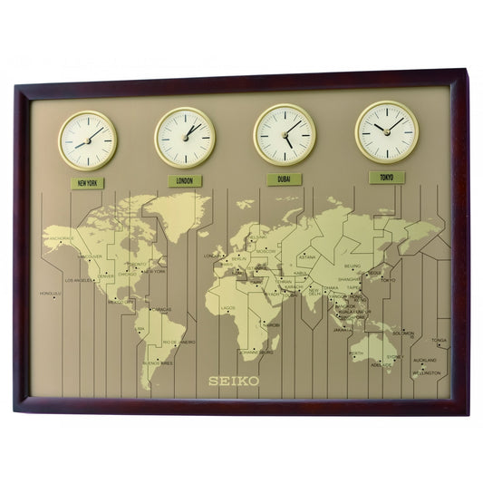 Dark Wooden Wall Clock with Four Time Zones QXA722B