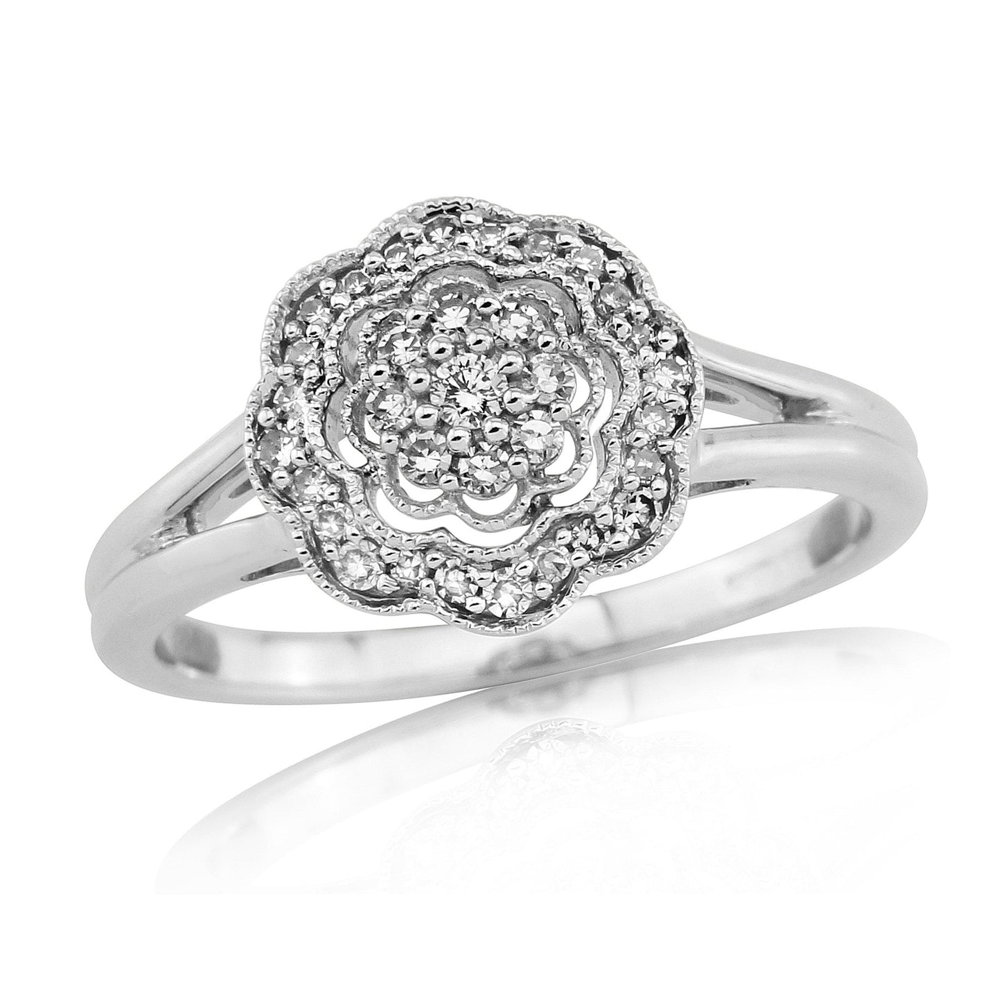 9ct White Gold Diamond Cluster Ring, Vintage Style