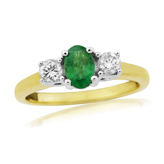 9ct Gold Emerald and Diamond Three Stone Ring Claw Set