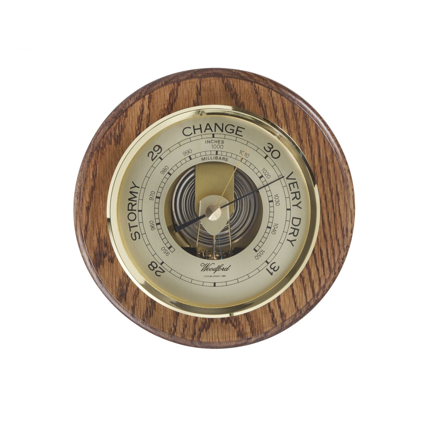 Woodford Round Wooden Oak Aneroid Barometer 1622