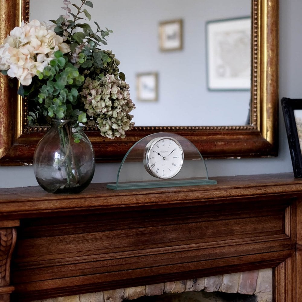Glass Half Moon Quartz Battery Mantel Clock Clear Face 03122