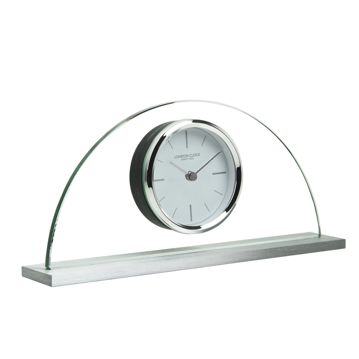 Silver Finish Base & Glass Half Moon Battery Mantel Clock 03133