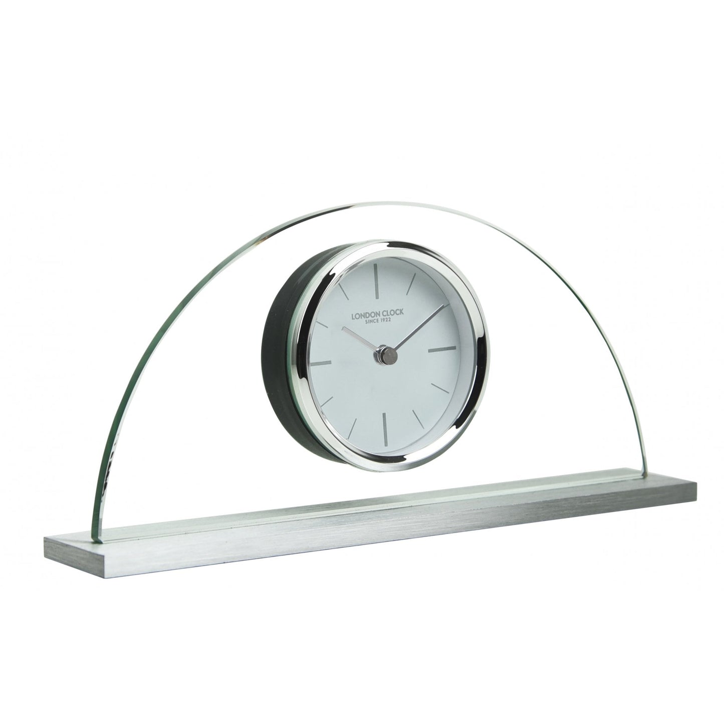 Silver Finish Base & Glass Half Moon Battery Mantel Clock 03133