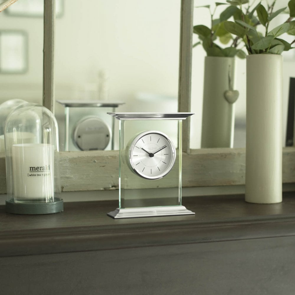Silver Finish Quartz Battery Glass Mantel Clock 03214