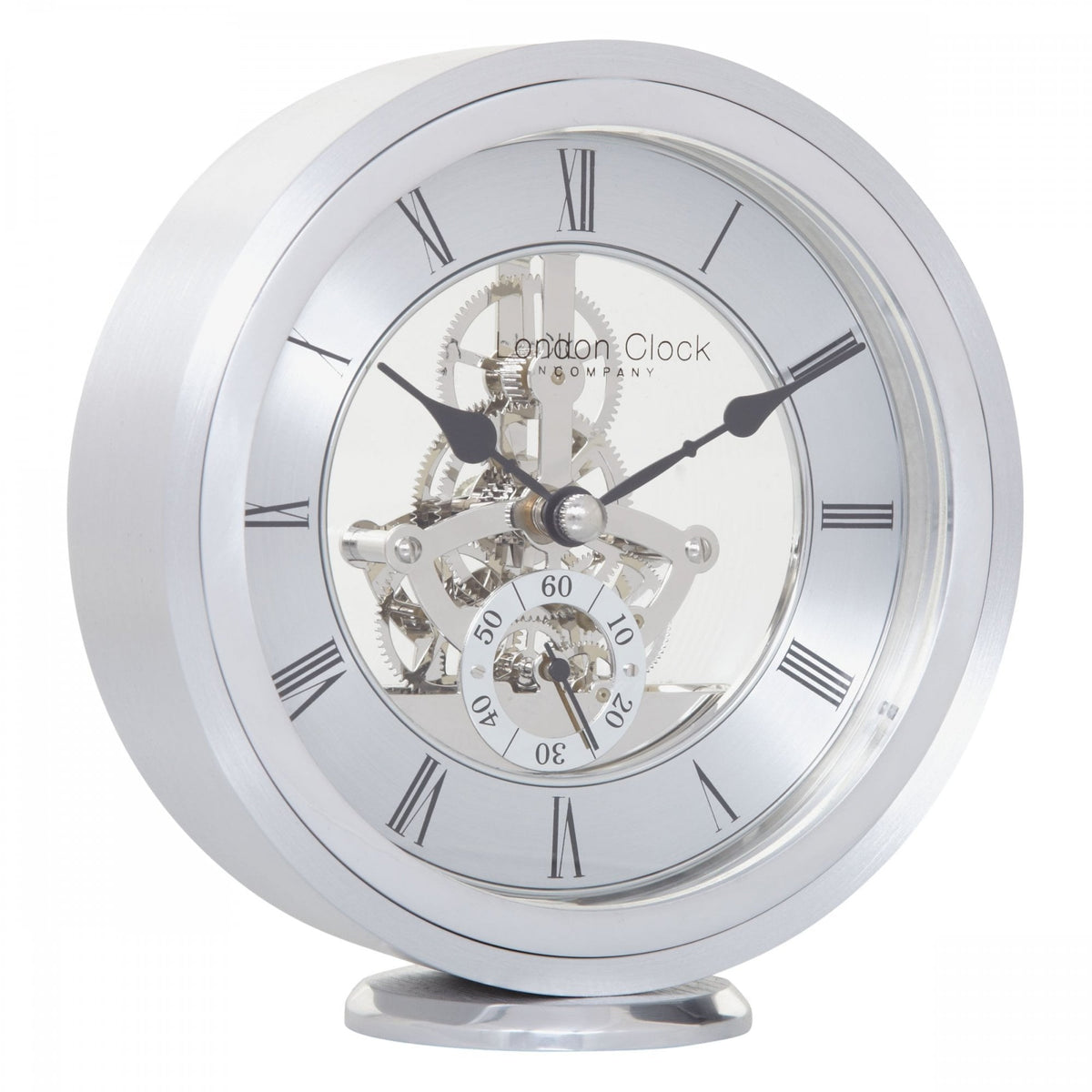 Silver Finish Round Skeleton Quartz Battery Mantel Clock 03061