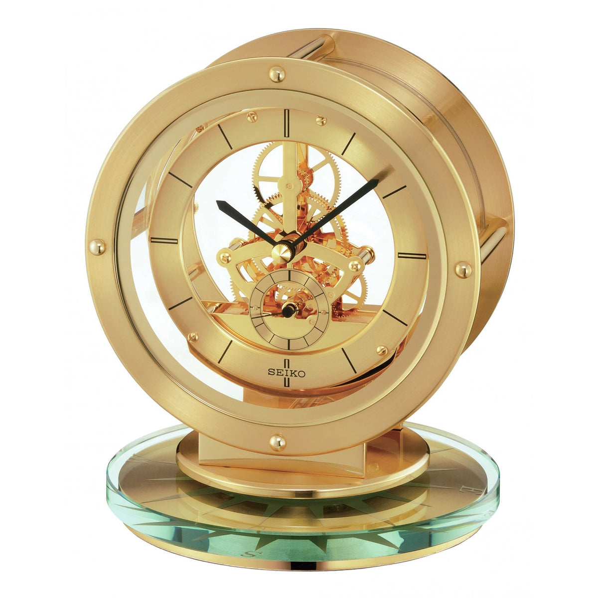 Gold Finish Battery Mantel Clock with Skeleton Movement QHG038G