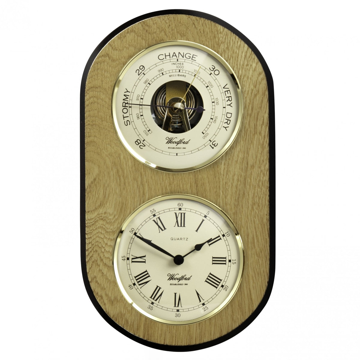 Light Wooden Hanging Oak Veeneer Barometer and Clock 1638