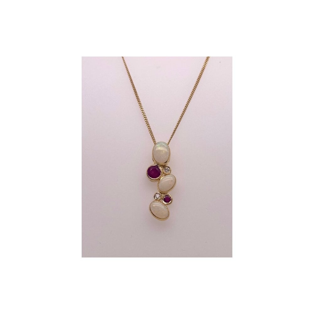 9ct Gold Ladies Opal, Ruby and Diamond Pendant on Curb Chain