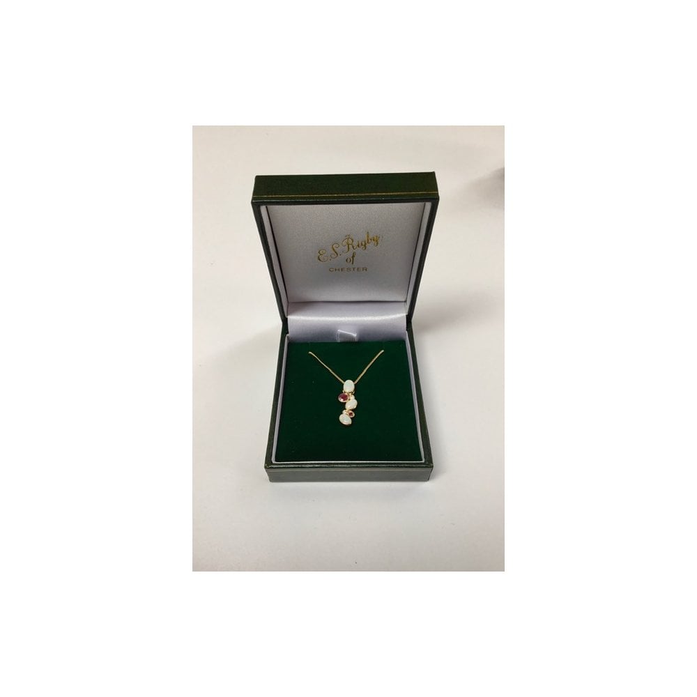 9ct Gold Ladies Opal, Ruby and Diamond Pendant on Curb Chain