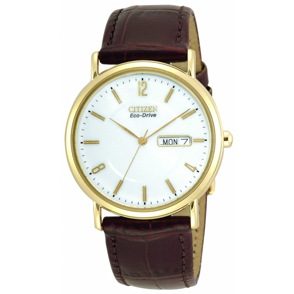 Gents Gold Tone Eco-Drive Watch, Leather Strap BM8242-08A