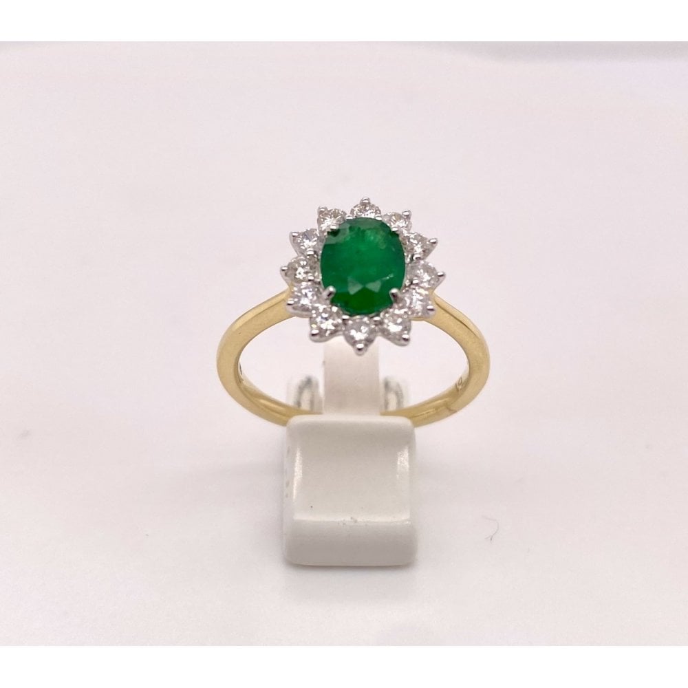 Ladies 18ct Yellow Gold Emerald and Diamond Cluster Ring