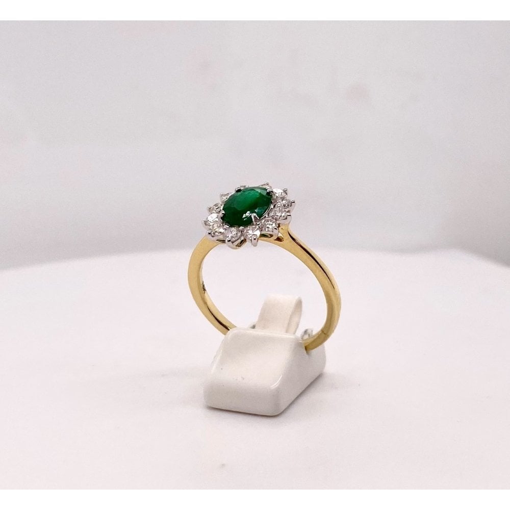 Ladies 18ct Yellow Gold Emerald and Diamond Cluster Ring
