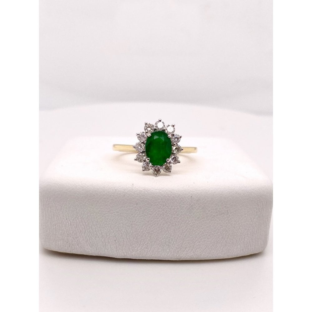Ladies 18ct Yellow Gold Emerald and Diamond Cluster Ring