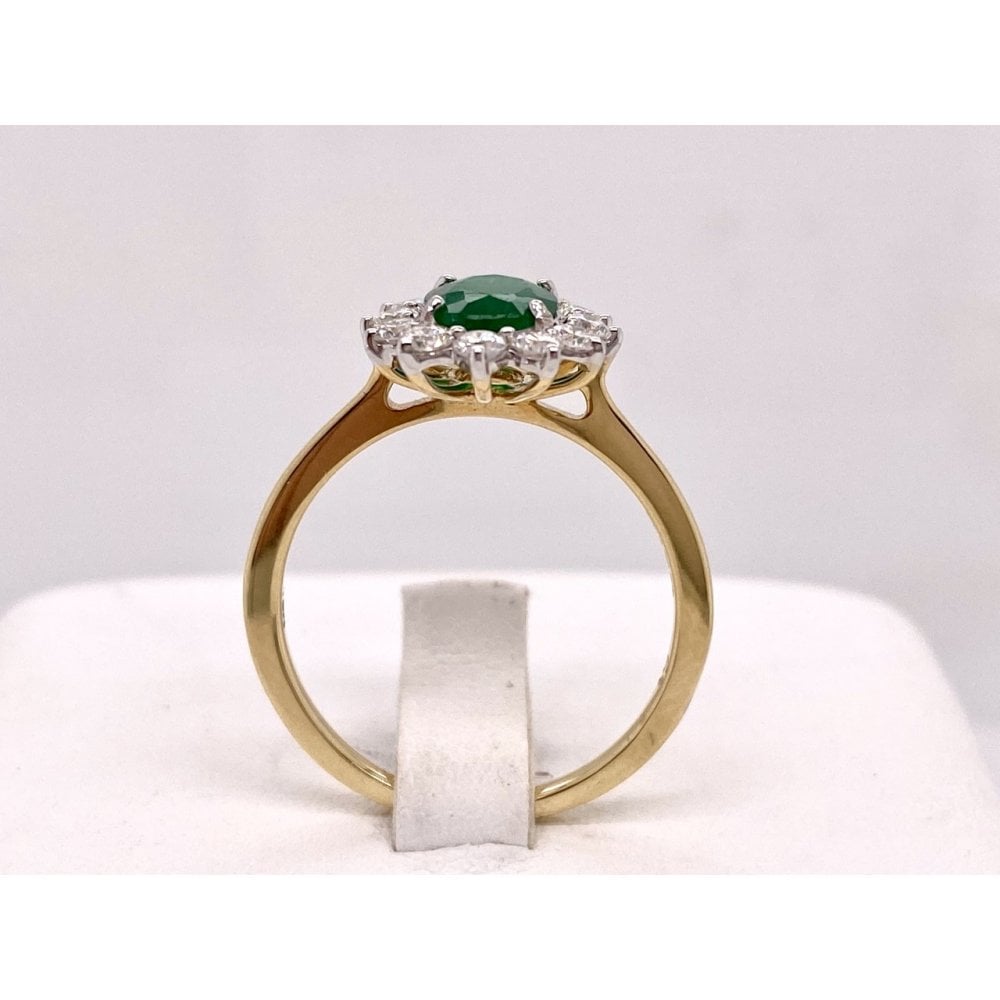Ladies 18ct Yellow Gold Emerald and Diamond Cluster Ring
