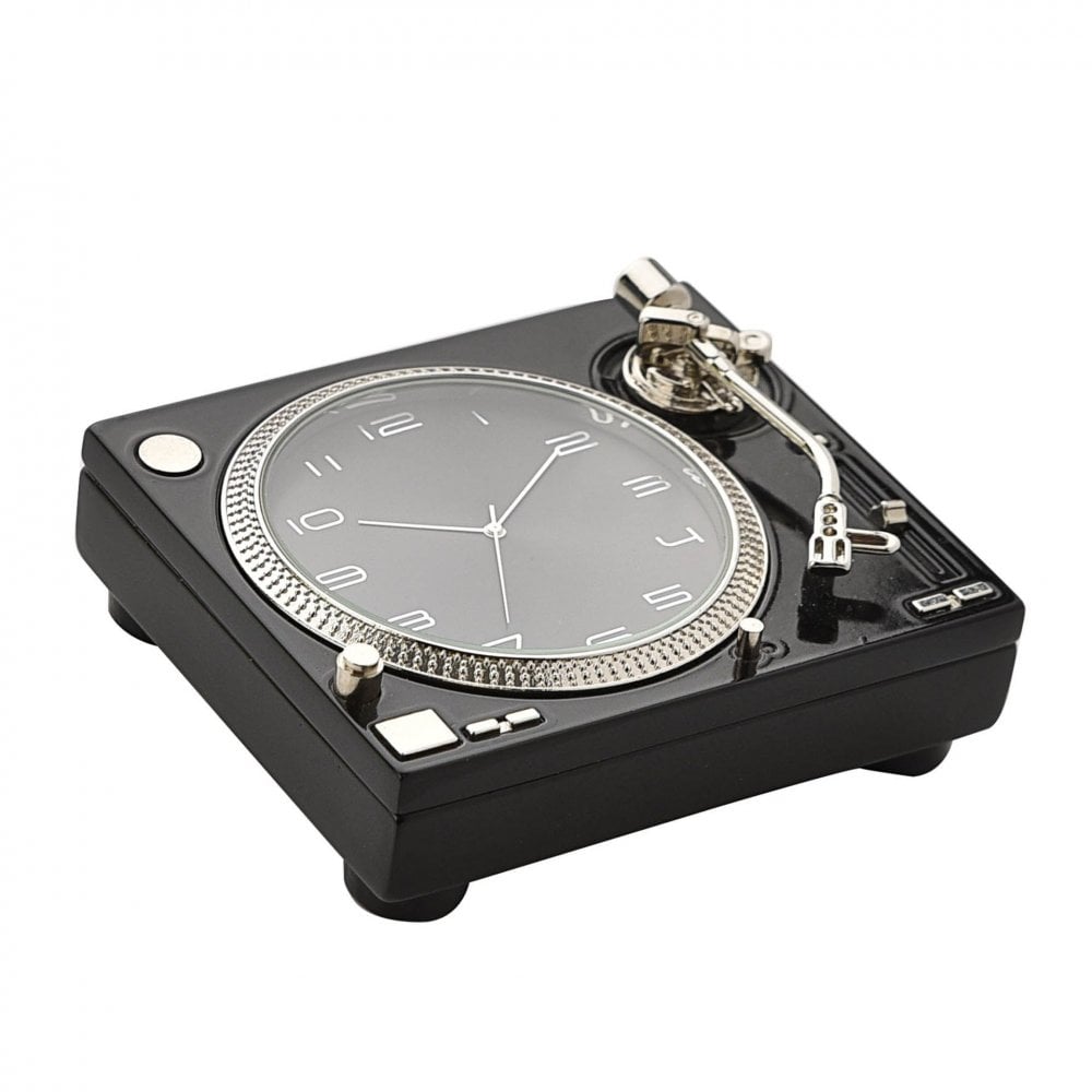 Black Miniature Record Player Battery Mantel Clock 9718